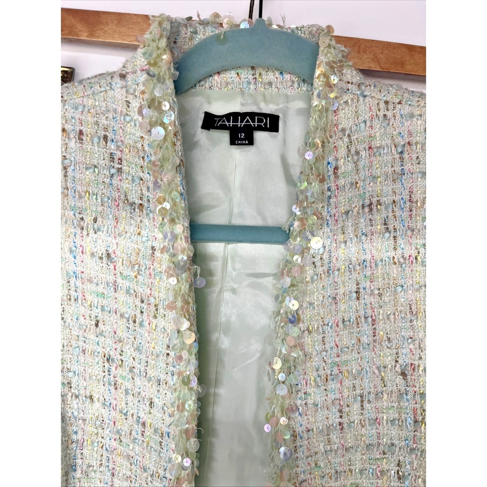 Tahari 2 Pc Boucle Tweed Skirt Suit Set Size 12 Sequin Trim Pastel Career - Picture 3 of 16